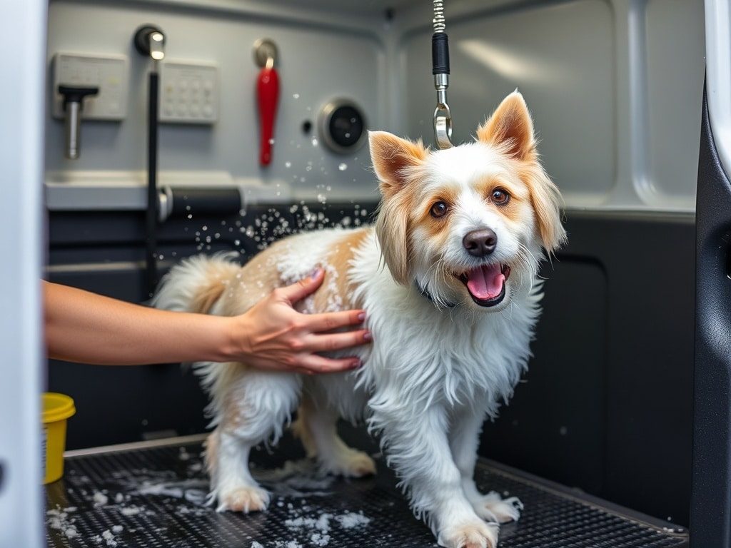 A dog being washed by a mobile pet grooming business